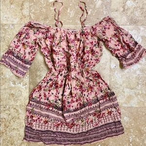 Pink Floral Sleeve Off Shoulder Dress S